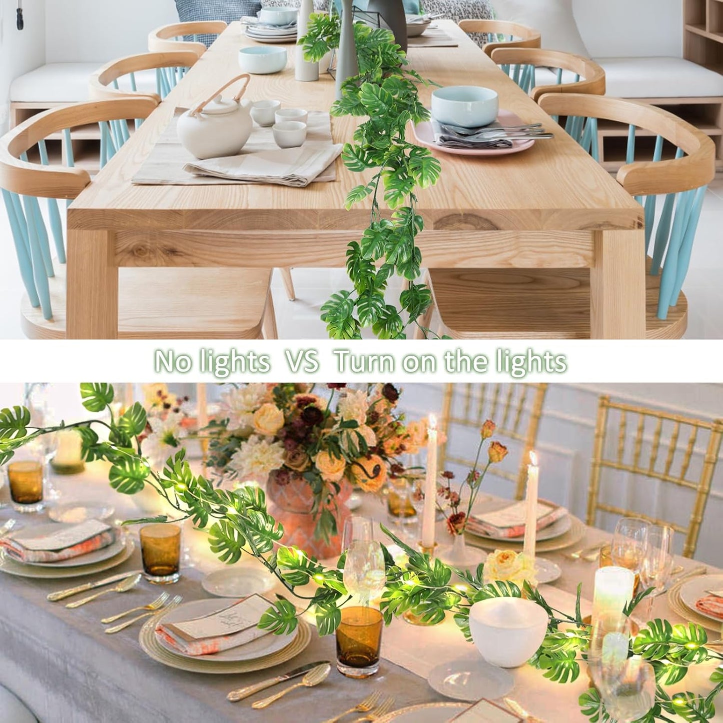 RECUTMS Artificial Monstera Leaf Vines Whit Light 2Pcs, 5.9FT Fake Hanging Ivy Plant Faux Tropical Palm Leaves Greenery Vine Garland Indoor Outdoor Garden Porch Patio Jungle Luau Birthday Party Décor