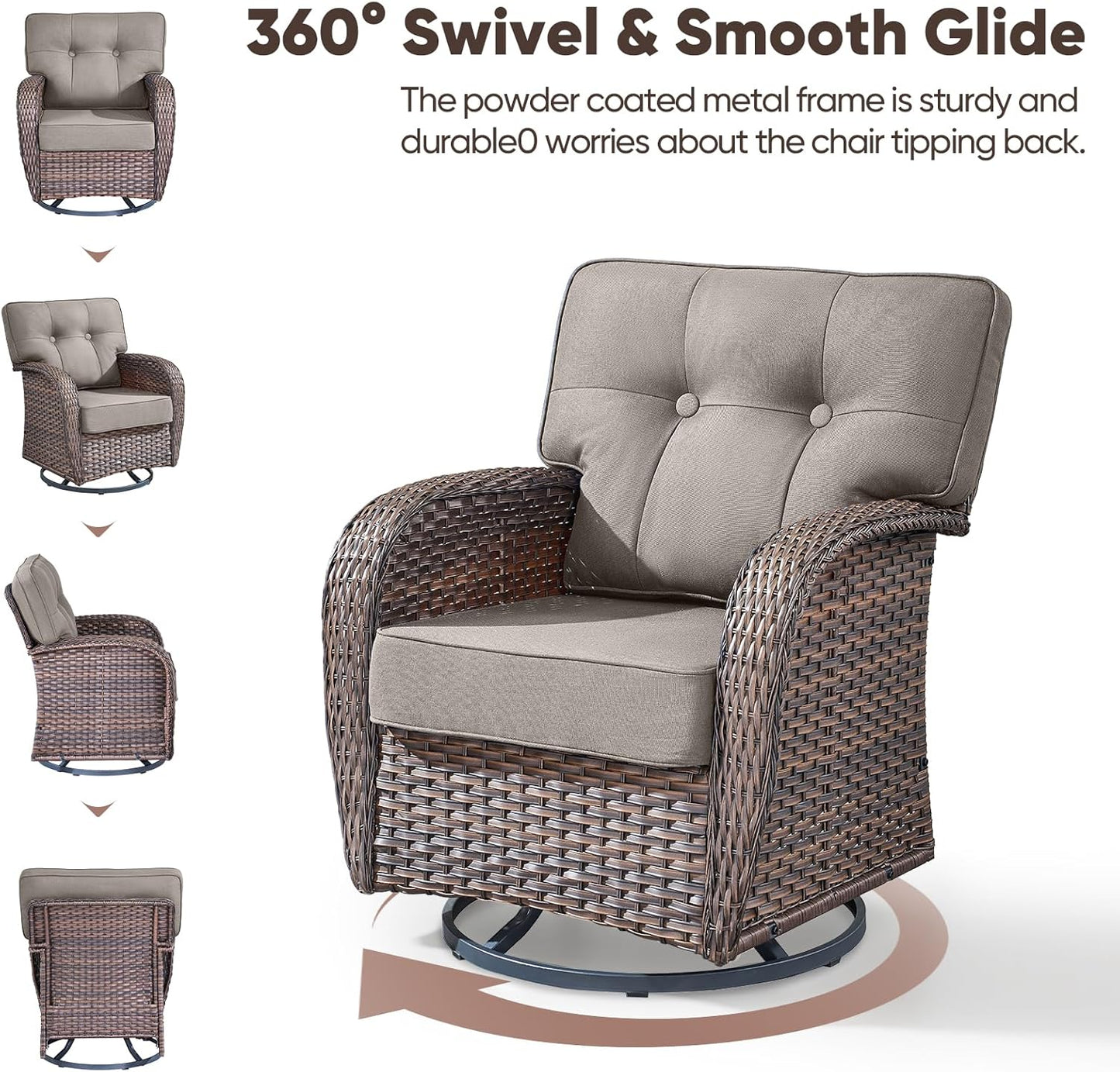 6-Piece Rotating Balcony Chair Set with 31-inch T-Shaped Wide backrest - Rattan Outdoor Rotating Balcony Chairs, Wide backrest Comfortable Outdoor Sliding Chair - Brown | Grey