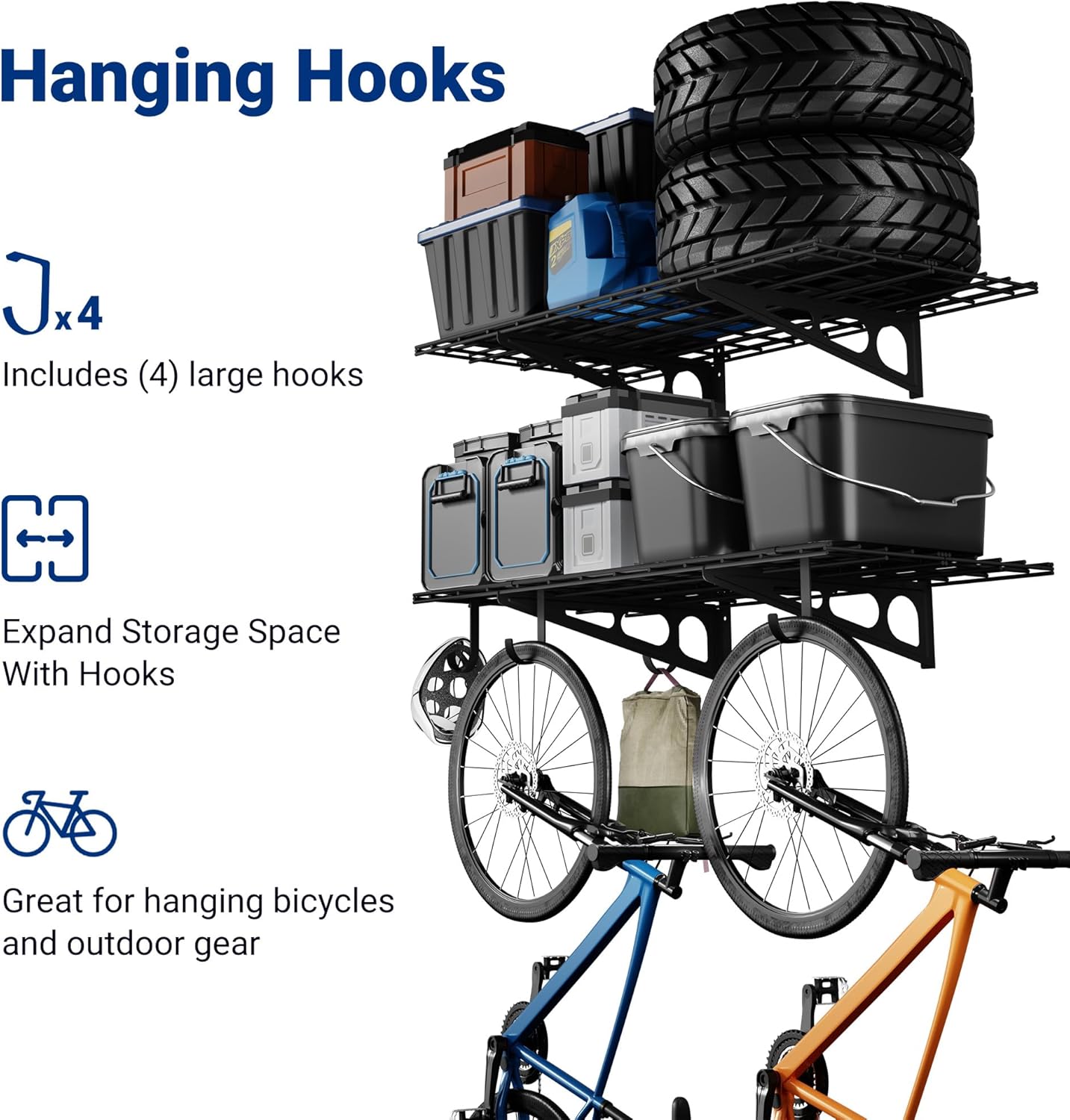 FLEXIMOUNTS 2-Pack 2x4ft Garage Shelving with Hooks, 24-inch-by-48-inch Wall Shelf Garage Storage Racks Floating Shelves, Black