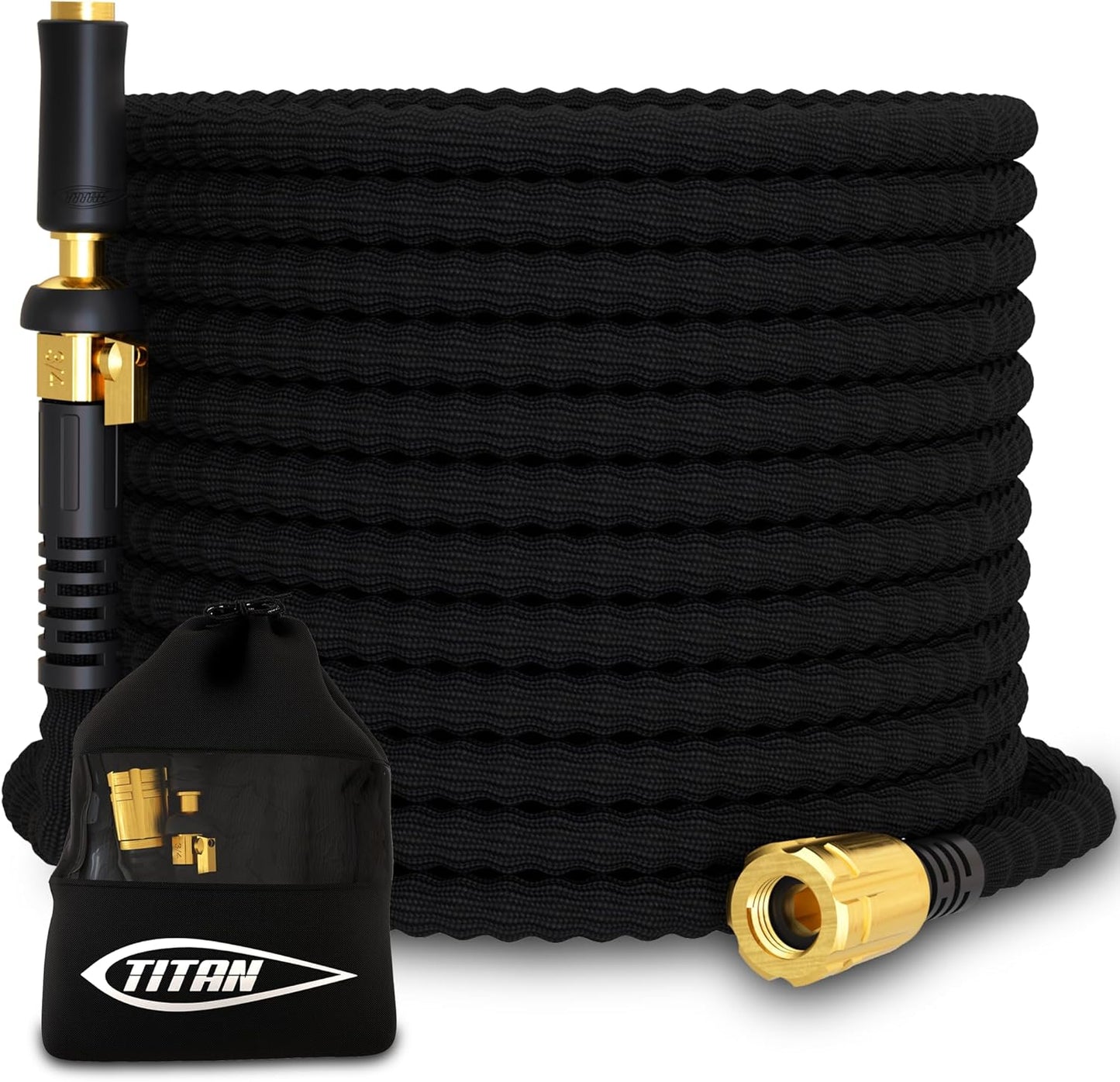 TITAN Flexible Garden Hose 50FT – Ultra Lightweight, Heavy Duty Water Hose with Brass Fittings & Jet Nozzle – Kink-Free, Non-Expanding, Durable Fabric Hose for Yard, Lawn, Car Wash, Outdoor Use