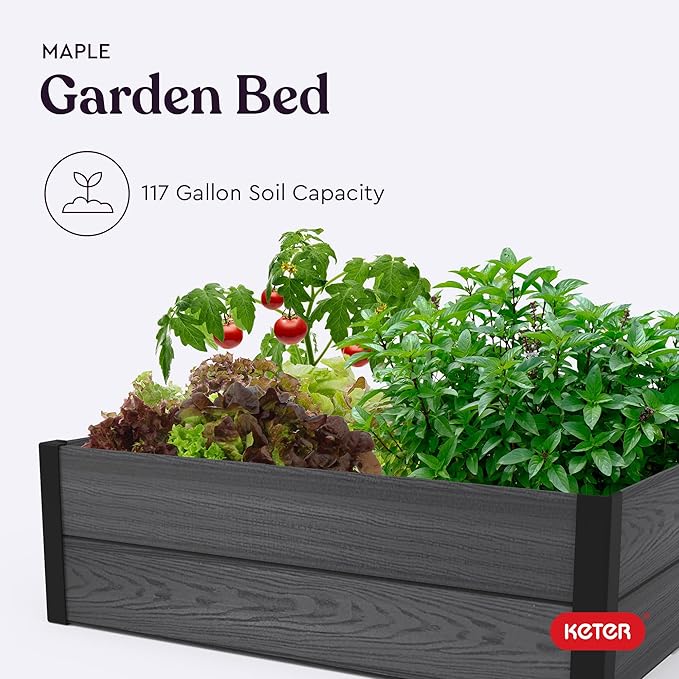 Keter 48" X 48" inches Wood Look Raised Garden Bed, Durable Outdoor Herb Garden Planter for Vegetables, Flowers, and Succulents, Grey