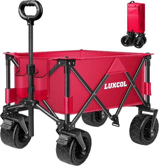 LUXCOL Collapsible Folding Wagon, Heavy Duty Utility Beach Wagon Cart for Sand with Big Wheels, Adjustable Handle&Drink Holders for Shopping, Camping,Garden and Outdoor