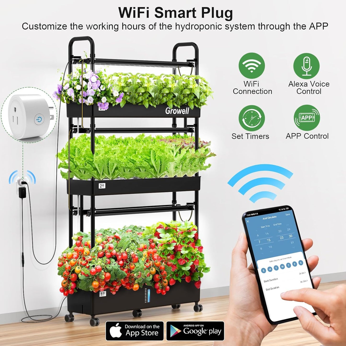 Growell Hydroponics Growing System Kit, 90 Pods Vertical Indoor Garden with LED Grow Light, Auto Circulating Water System & WiFi Smart Plug, Indoor Gardening System for Vegetable Fruit Herb