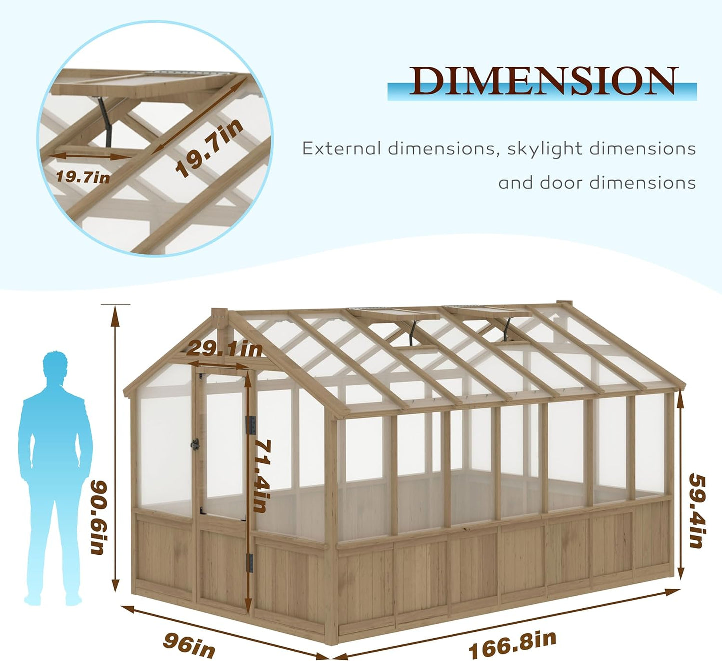 8x14 FT Outdoor Greenhouse Kit, Wooden Greenhouses for Outdoors Walk-in Green House with 6MM Thick Polycarbonate Panel & Adjustable Roof Vents, Backyard Garden, Light Mocha Brown