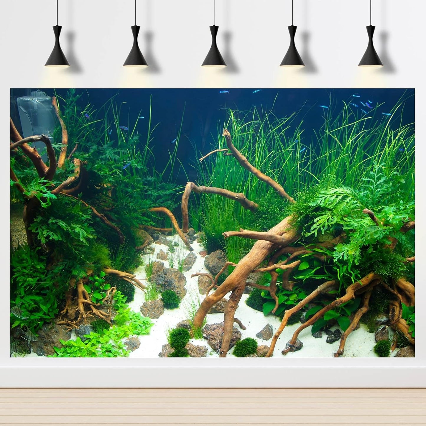 Aquarium Background Various Underwater Grass Plants Aquarium Backdrop Vivid and Fresh Green Aquatic Plants Stone River Bed and Dead Wood Yellow Stone Fish Tank Background 60x24in