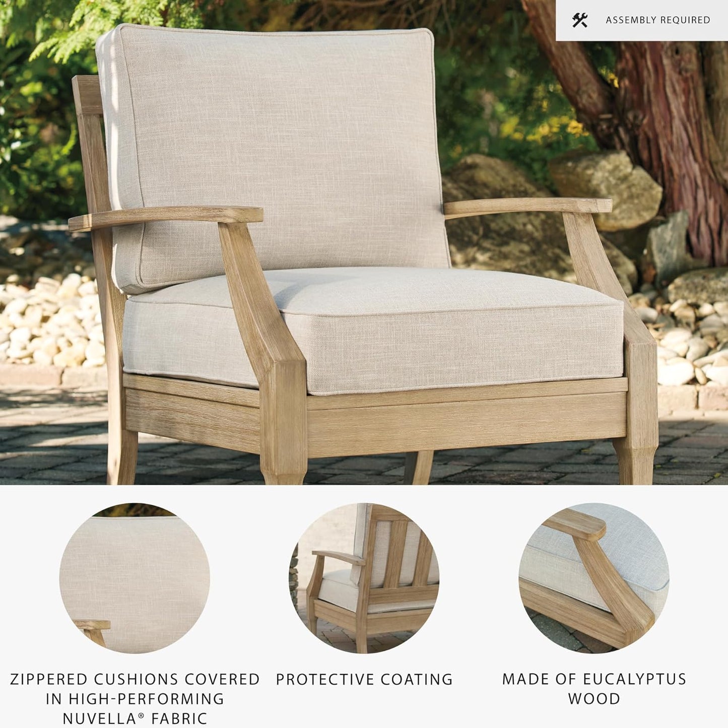 Signature Design by Ashley Clare View Outdoor Eucalyptus Wood Single Cushioned Lounge Chair, Beige