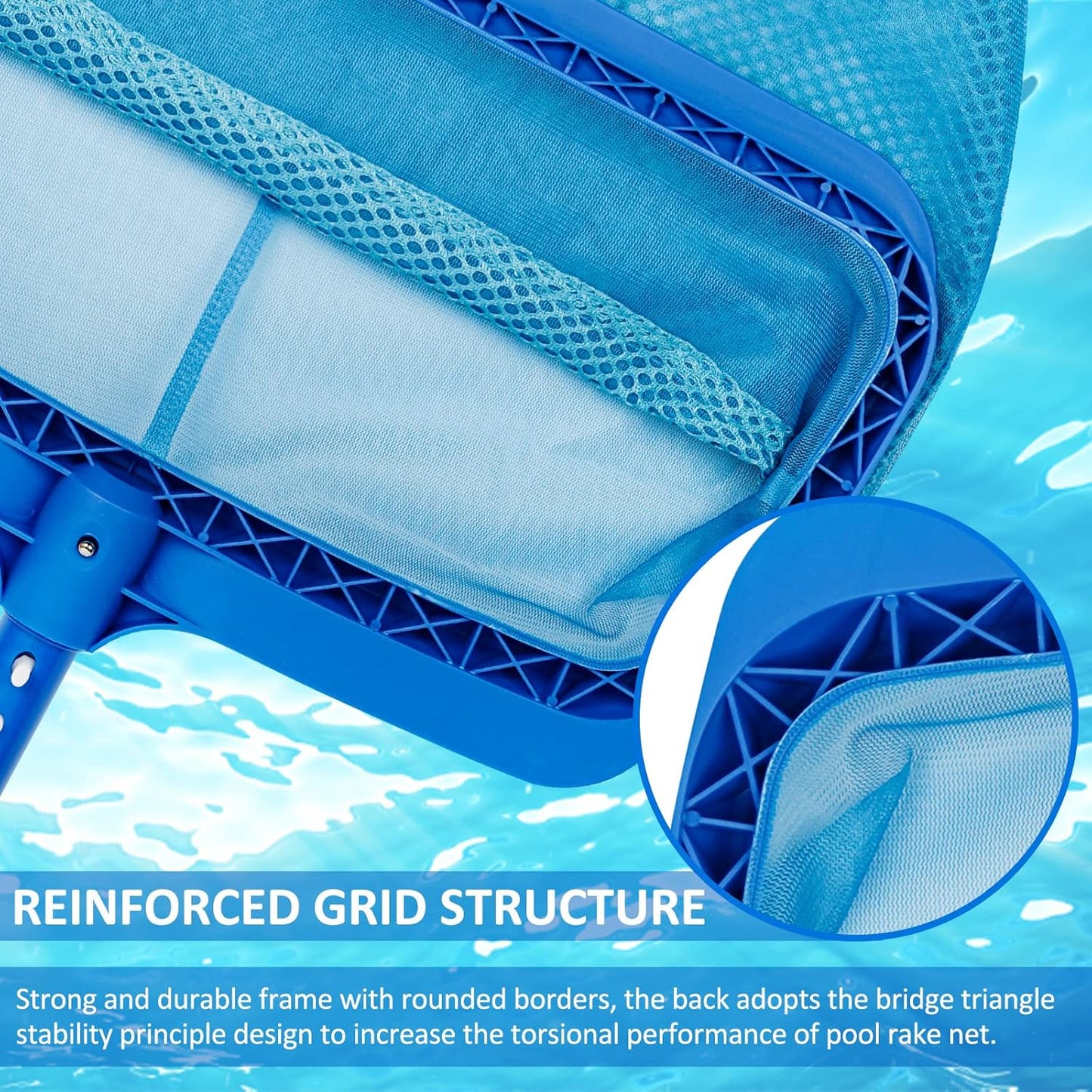 Poolvio Swimming Pool Skimmer Net, Fine Mesh Pool Leaf Rake Net with Double-Layer Deep Bag, Reinforced Frame - Swimming Pool Nets for Cleaning Finest Debris