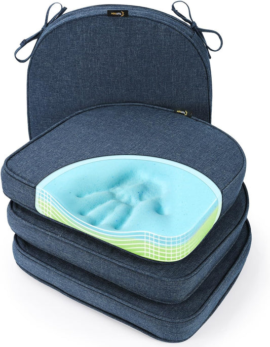 SUNROX Gel Memory Foam Chair Cushions, FadeShield Water-, Stain-Resistant Durable Reversible Seat Cushion Pads with Ties for Indoor/Outdoor Kitchen Dining Office, 19"x19", Set of 4, Heather Indigo
