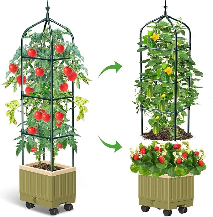 Raised Garden Bed Planter Box with Trellis, 71" Self-Watering Tomato Planter with Wheels for Climbing Vegetable and Plants, Tomato Cage Planters for Indoor Outdoor Patio Greenhouse Gardening (1Pack)