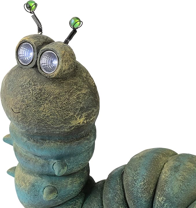 Alpine Corporation FCC121SLR Outdoor Solar Powered Garden Caterpillar Statue with LED Lights, LED Solar Garden Décor, 16"