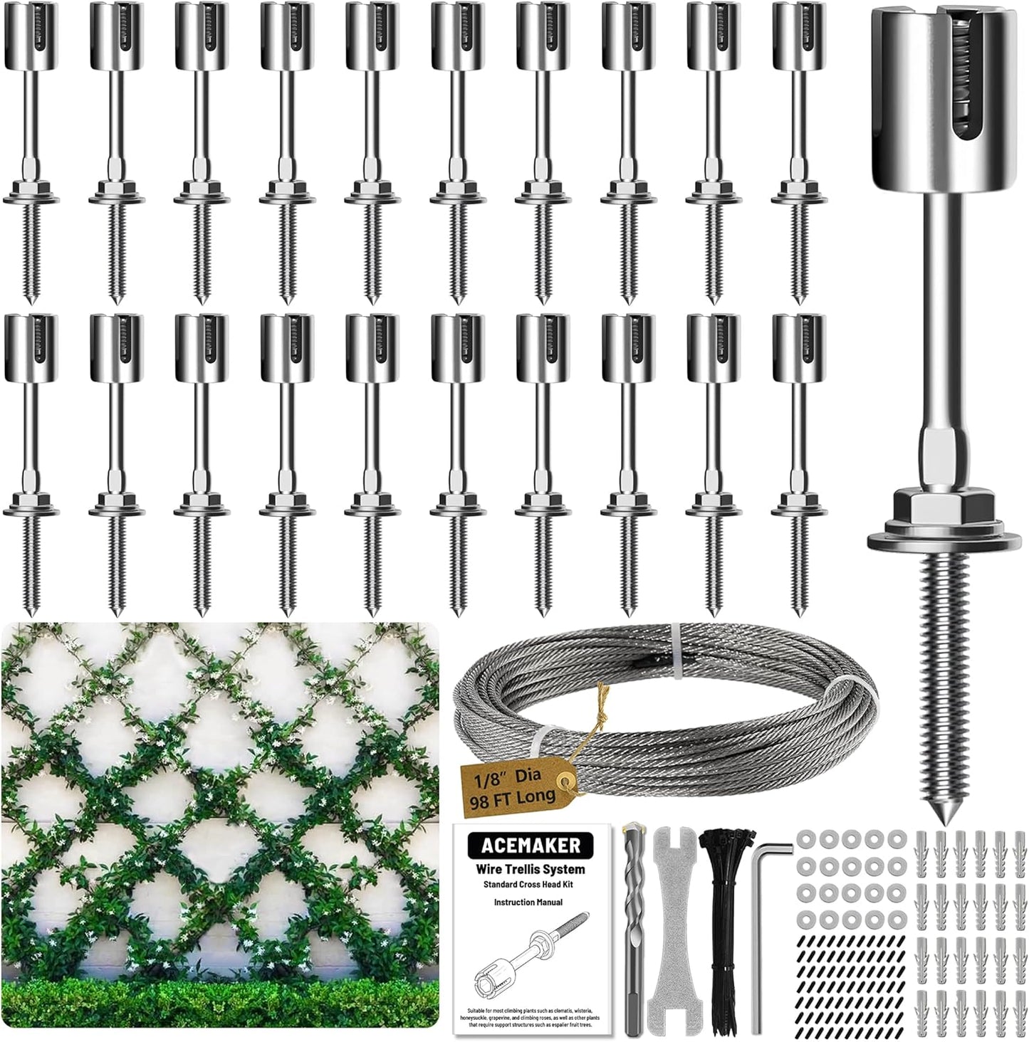Wire Trellis for Climbing Plants Outdoor, 20-Set Wall Wire Trellis Kit with 1/8in x 98ft Stainless Steel Cable, T316 Espalier System for Fence and Garden DIY Projects