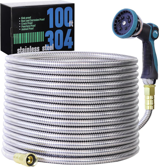 100FT 5/8'' Garden Hose, 304 Stainless Steel Water Hose, Flexible with a 10-Mode Nozzle Sprayer, No Kink, Lightweight, Puncture Proof Metal Hose, Ideal for Yard, Lawn, Outdoor