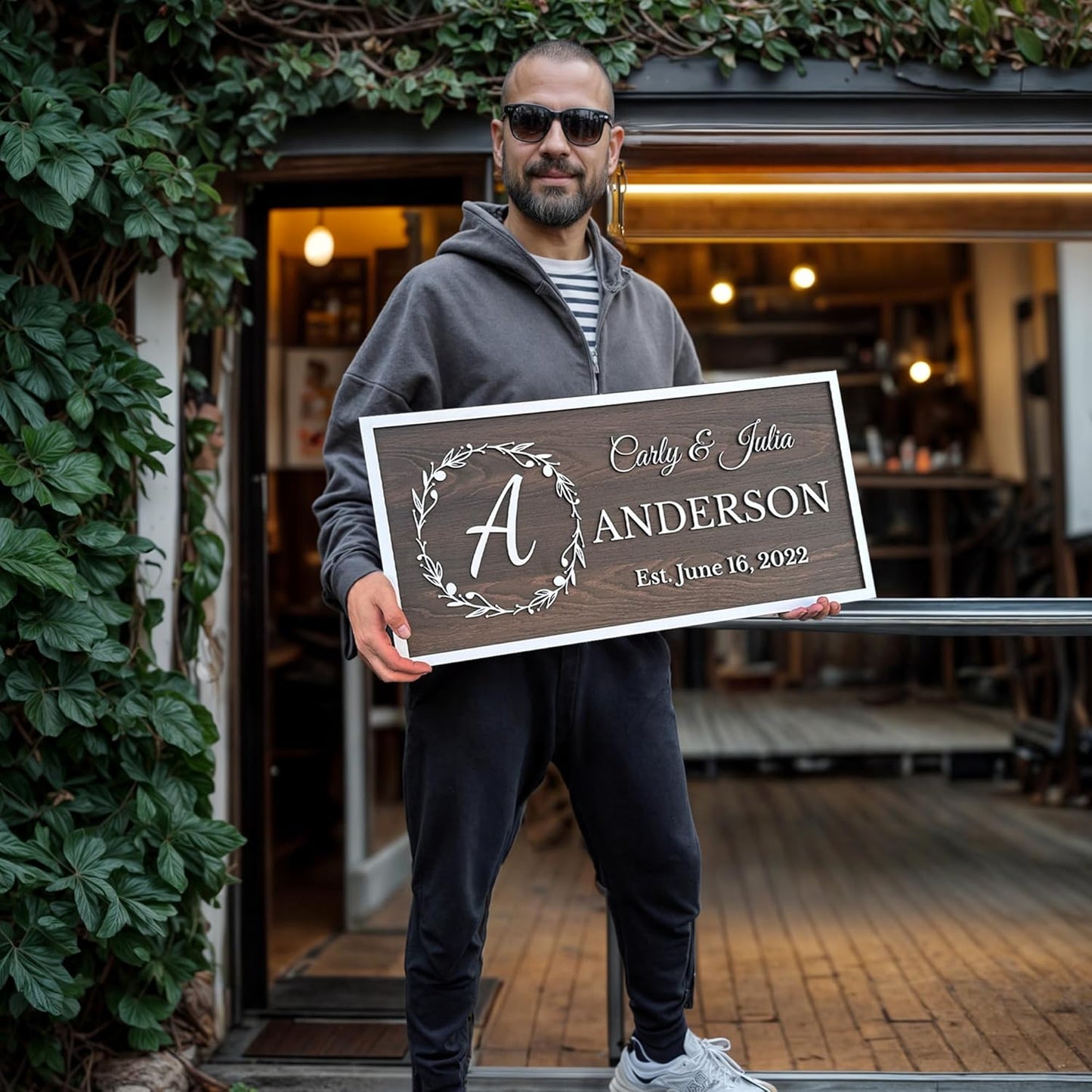 Personalized Wooden Monogram Family Name Sign with Couples Name, Custom Gift For Wife, Last Name Plaque with Initial & Established Date, Unique Wedding Gift