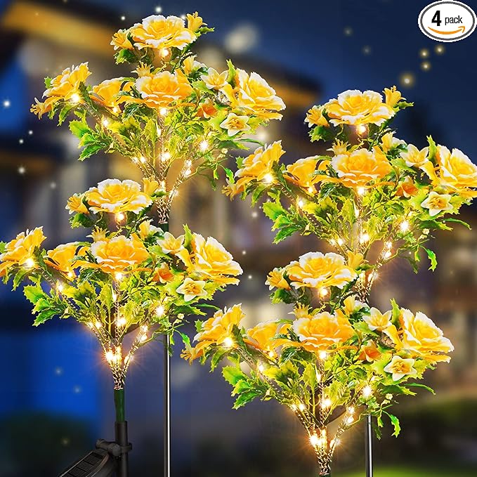 Neporal Solar Garden Lights Outdoor Dusk to Dawn, Carnation Solar Flowers Outdoor Waterproof IP65 for Garden Decor Yard Decor Patio Decor, Garden Solar Lights Outdoor Gardening Gifts for Women 4-Pack