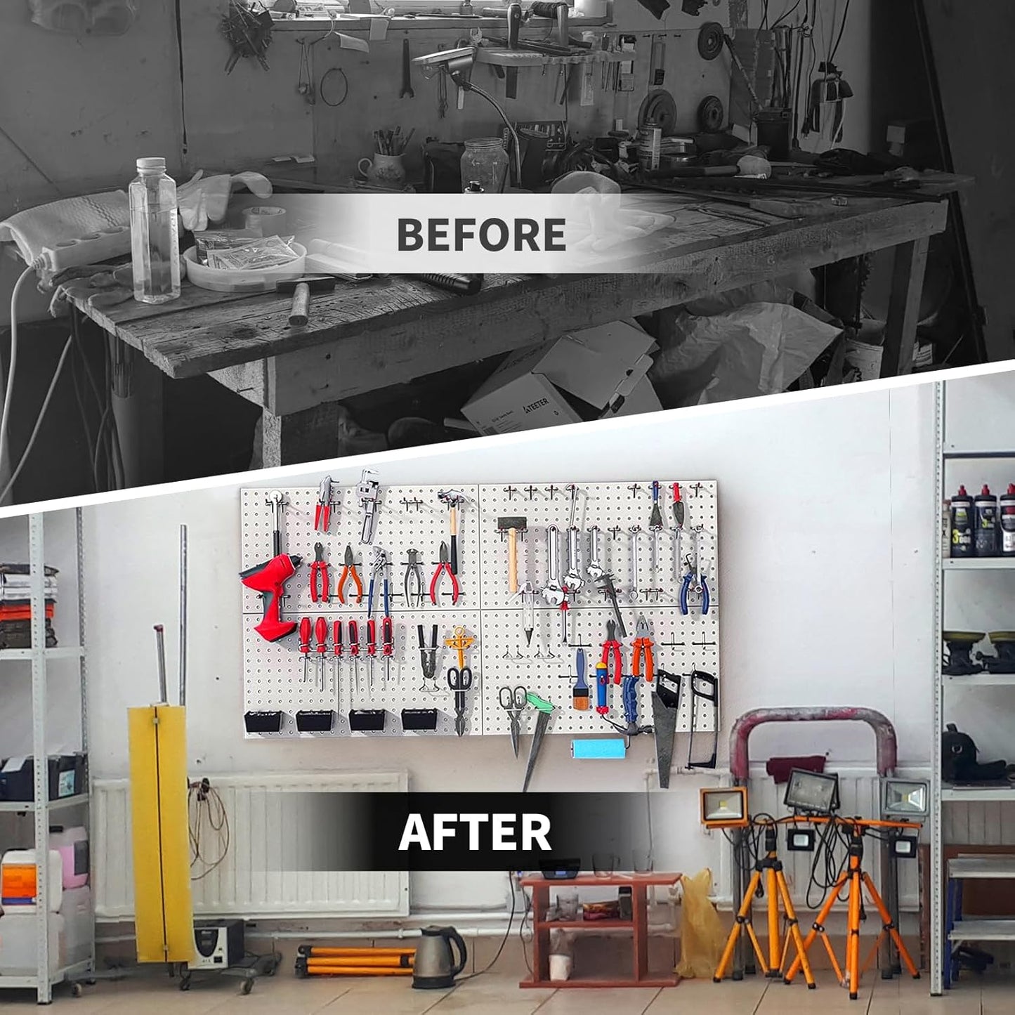 48x24 inch Gray Metal Pegboard Kit for Wall Organization with Hooks, Pegboard Bins, and Utility Tools Storage Board, Efficient Tool Organizer Peg Board