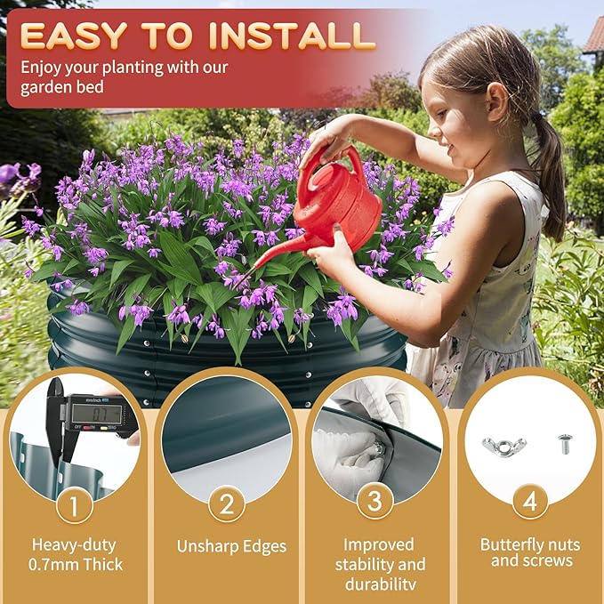 Durable Round Steel Raised Garden Bed Painted for Planting Vegetable/Herbs/Flowers/Trees at Backyard/Garden,or Baby Chicken,Christmas Tree Fence (Dark Green, 32 ins Diameter x 12 ins high)