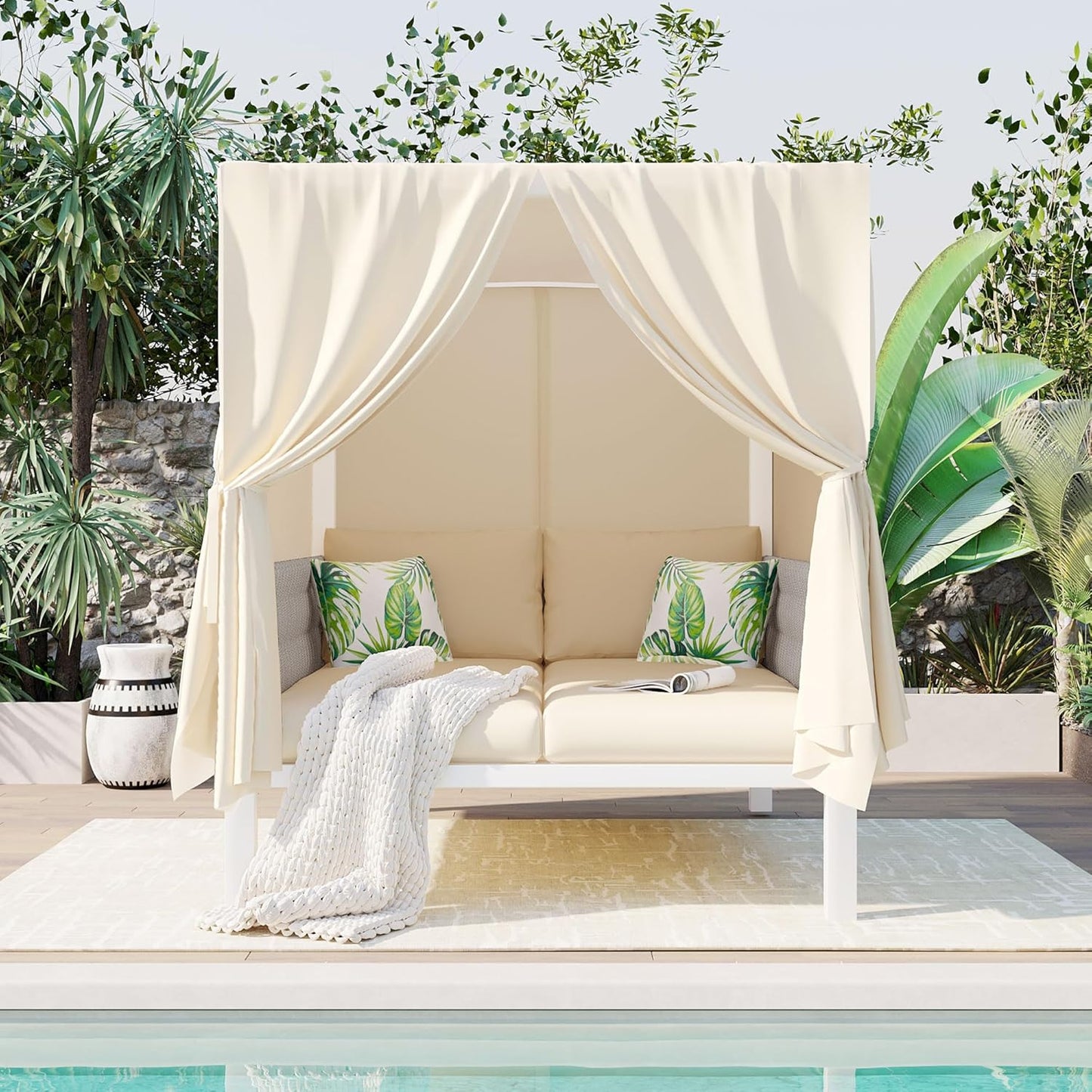 Polibi Outdoor Patio Sunbed with Beige Curtains,Outdoor Sun Lounger Bed with Pillows,Rubber Core Rope Weaving Outdoor Double Chaise Lounge Suitable for Pool,Garden,Beige