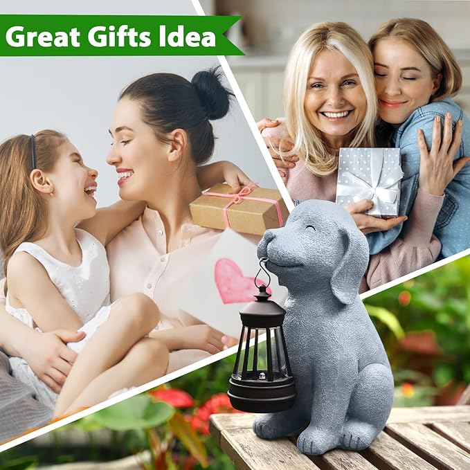 Solar Dog Statues for Garden Decorations Solar Garden Statues for Patio, Balcony, Yard Ornament Unique Housewarming Gifts Figurine Lights, Gray