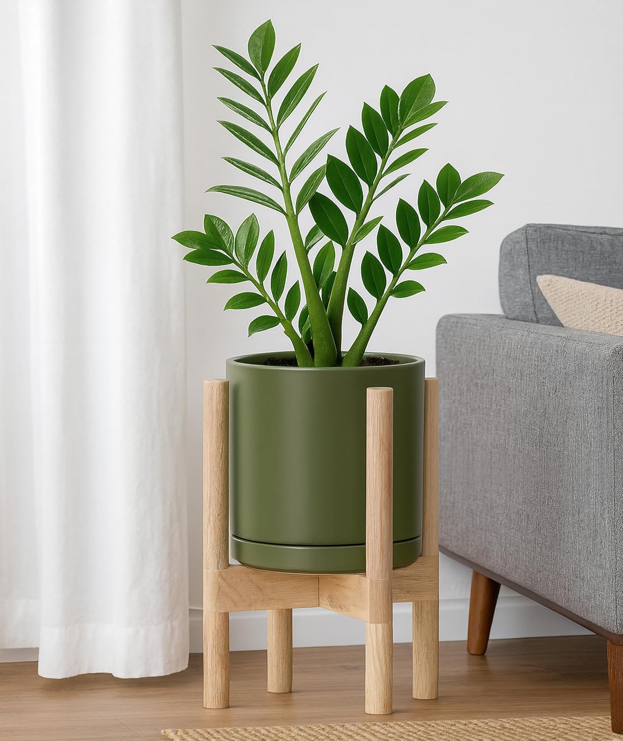 D'vine Dev Ceramic Planter with Natural Stand - 8 Inch Modern Round Flower Pot with Wood Planter Holder, Olive, 55-B-N-J