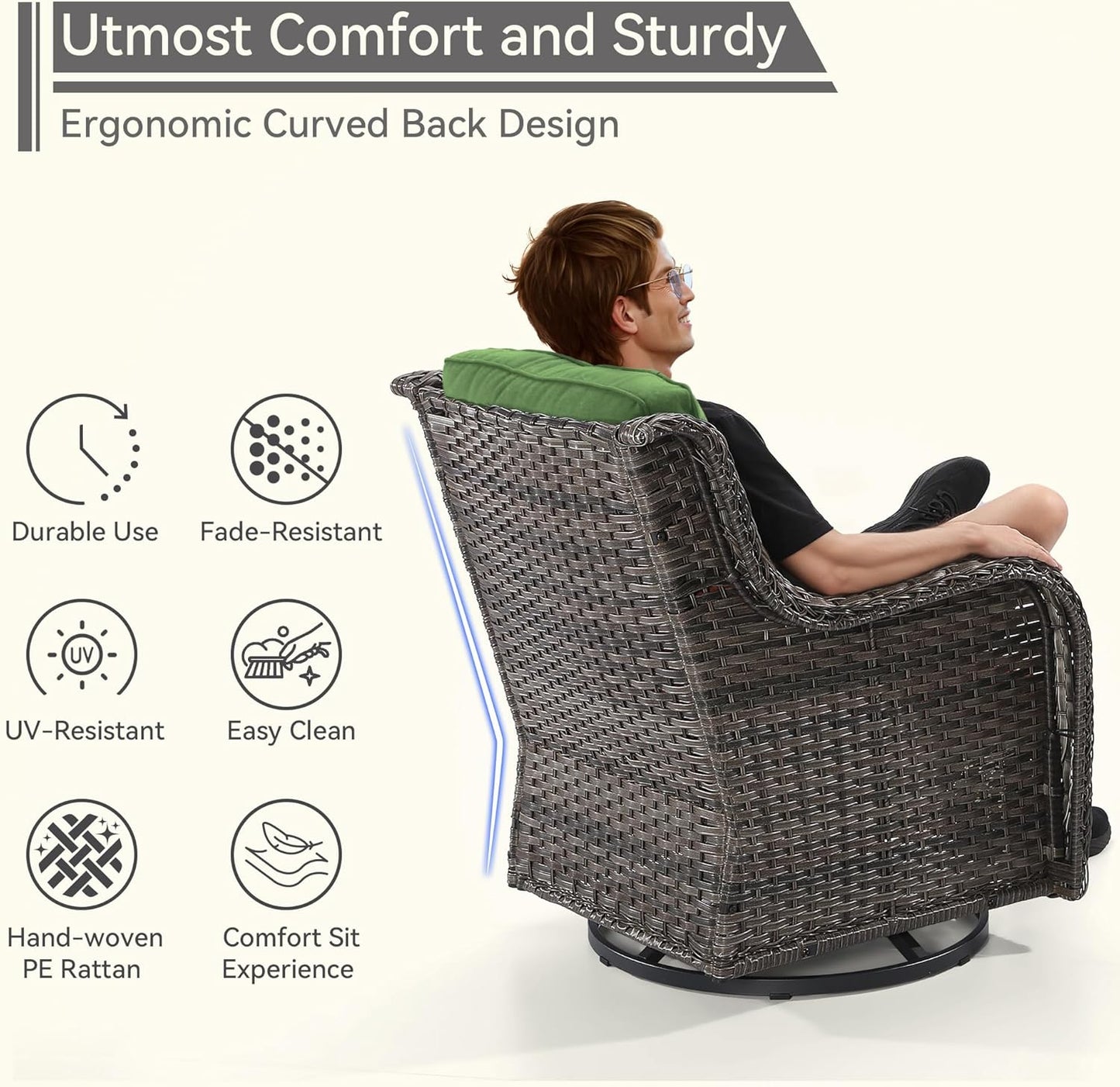 5 Piece Outdoor Patio Furniture Set Wicker Conversation Set Swivel Rocking Chairs with Side Table and Ottomans for Backyard, Porch, Deck, Green