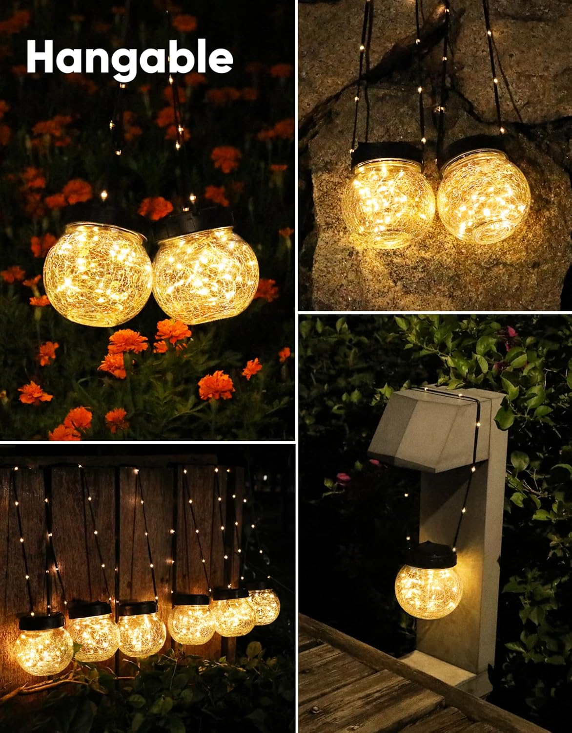 PARTPHONER Solar Lights Outdoor Waterproof 12-Pack, Solar Powered Hanging Lantern Cracked Glass Hanging Globes for Yard Decor Christmas Decoration, Shepherd Hook, Garden Tree Table Ornaments, Warm