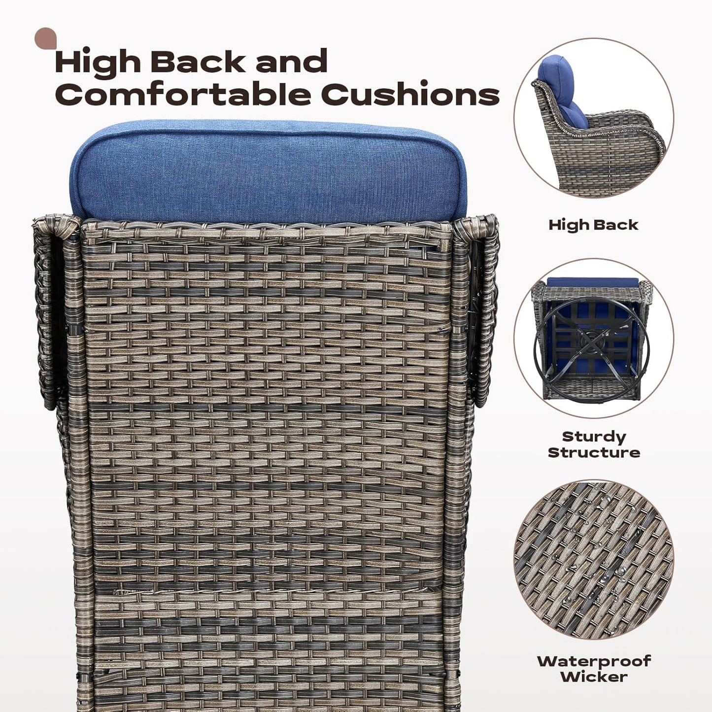 Wicker Outdoor Patio Furniture Set - 4 Piece Patio Conversation Set with Swivel Rocker Chairs and Ottomans, 6 inch Cushions, High Back, Deep Seating, for Porch Deck Garden Mixed Grey/Blue