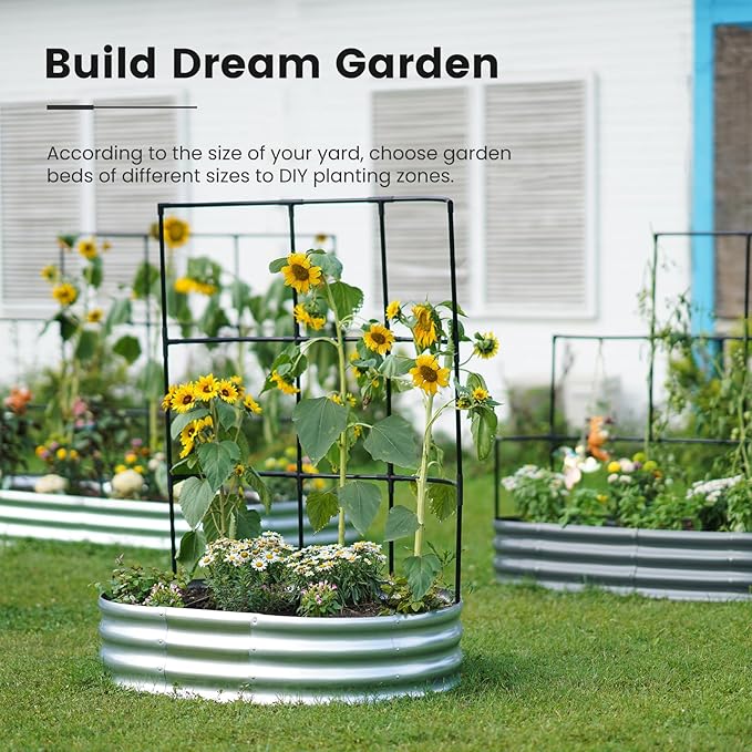 KING BIRD Raised Garden Bed with Wall Trellis Galvanized Planter Garden Box Outdoor for Gardening, Climbing Vegetables, Flowers 5.9x2.95x0.98 Ft, Dark Grey