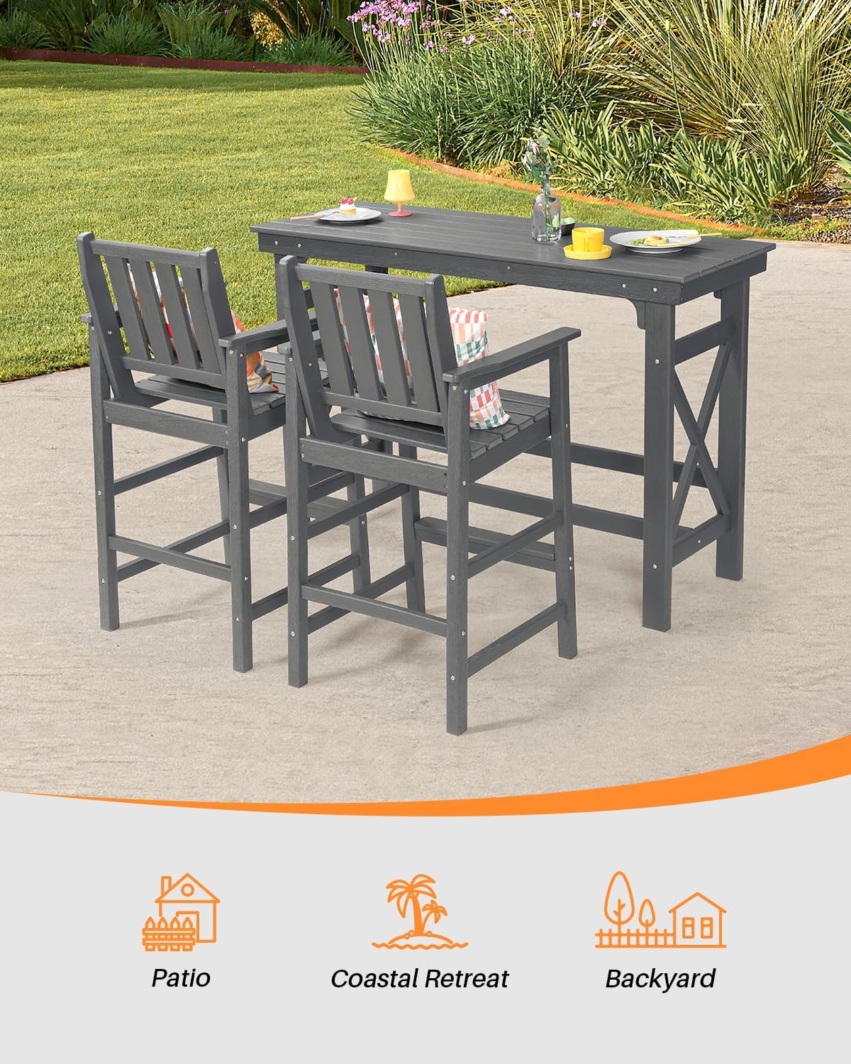 41" Outdoor Bar Table, HDPE Adirondack Outdoor Bar Table, All Weather Outside Bar Counter Height Tables Balcony Furniture, HDPE Patio Bar Tables for Bistro, Deck, Porch, Poolside, Smoke Gray