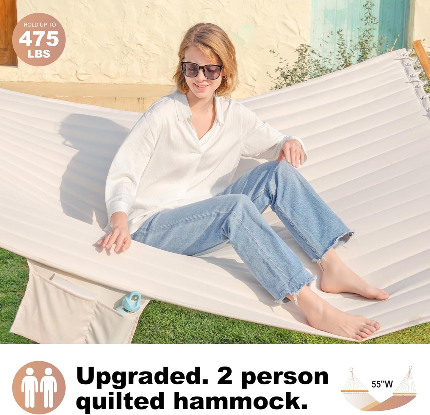 Double Quilted Fabric Hammock with Spreader Bar, Fit 12-14ft Hammock Stand, 2 Person 14ft Hammocks for Outside, Large Removable Pillow Storage Bag, Carabiners, Max 475 lbs Capacity (Beige)
