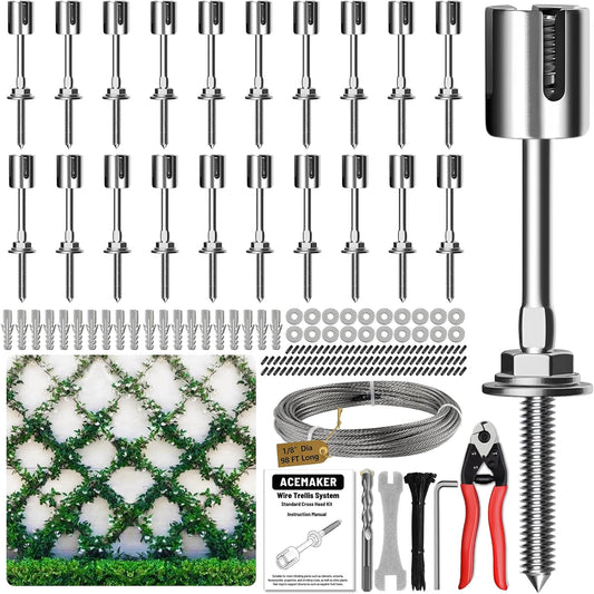 Wire Trellis for Climbing Plants Outdoor, 20-Set Wall Wire Trellis Kit with 1/8in x 98ft Stainless Steel Cable & Cutter, T316 Espalier System for Fence and Garden DIY Projects