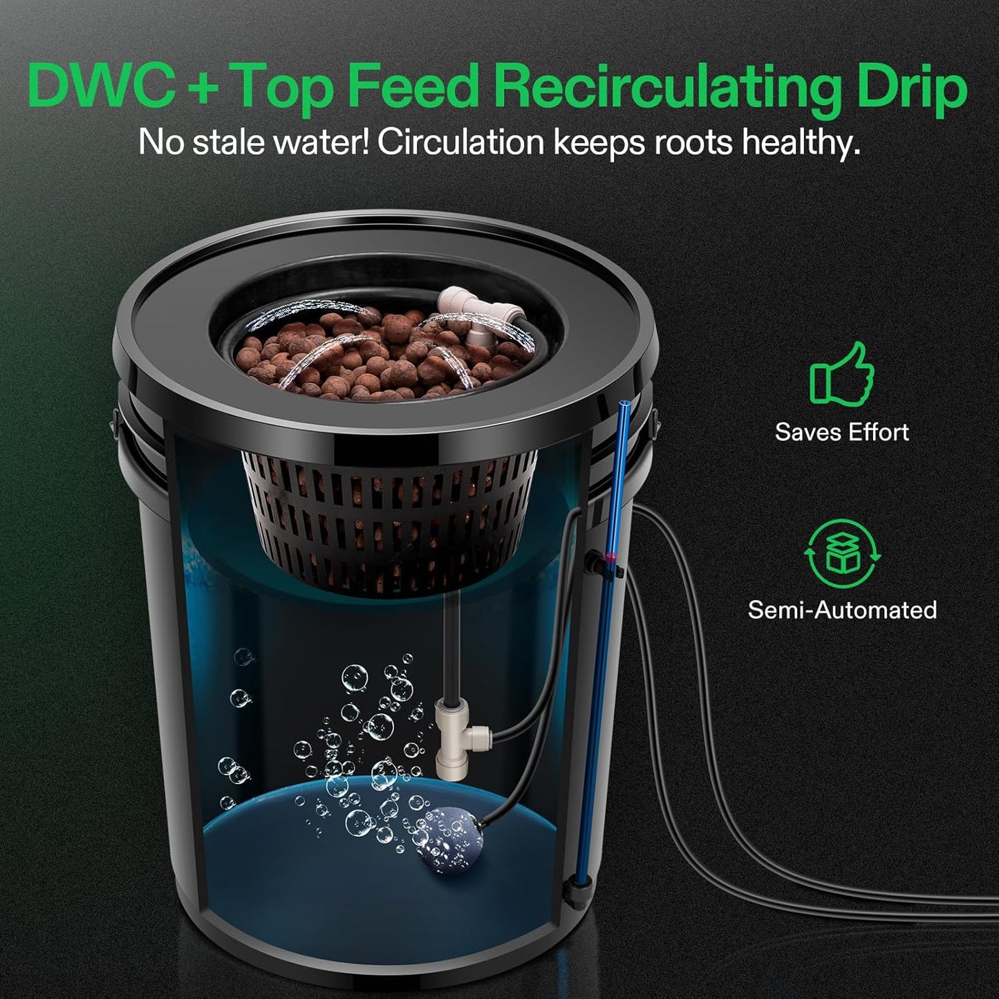 VIVOSUN DWC Hydroponics Grow System with Top Drip Kit, 5-Gallon Deep Water Culture, Recirculating Drip Garden System with Multi-Purpose Air Hose, Air Pump, and Air Stone (8 Buckets + Top Drip Kit)