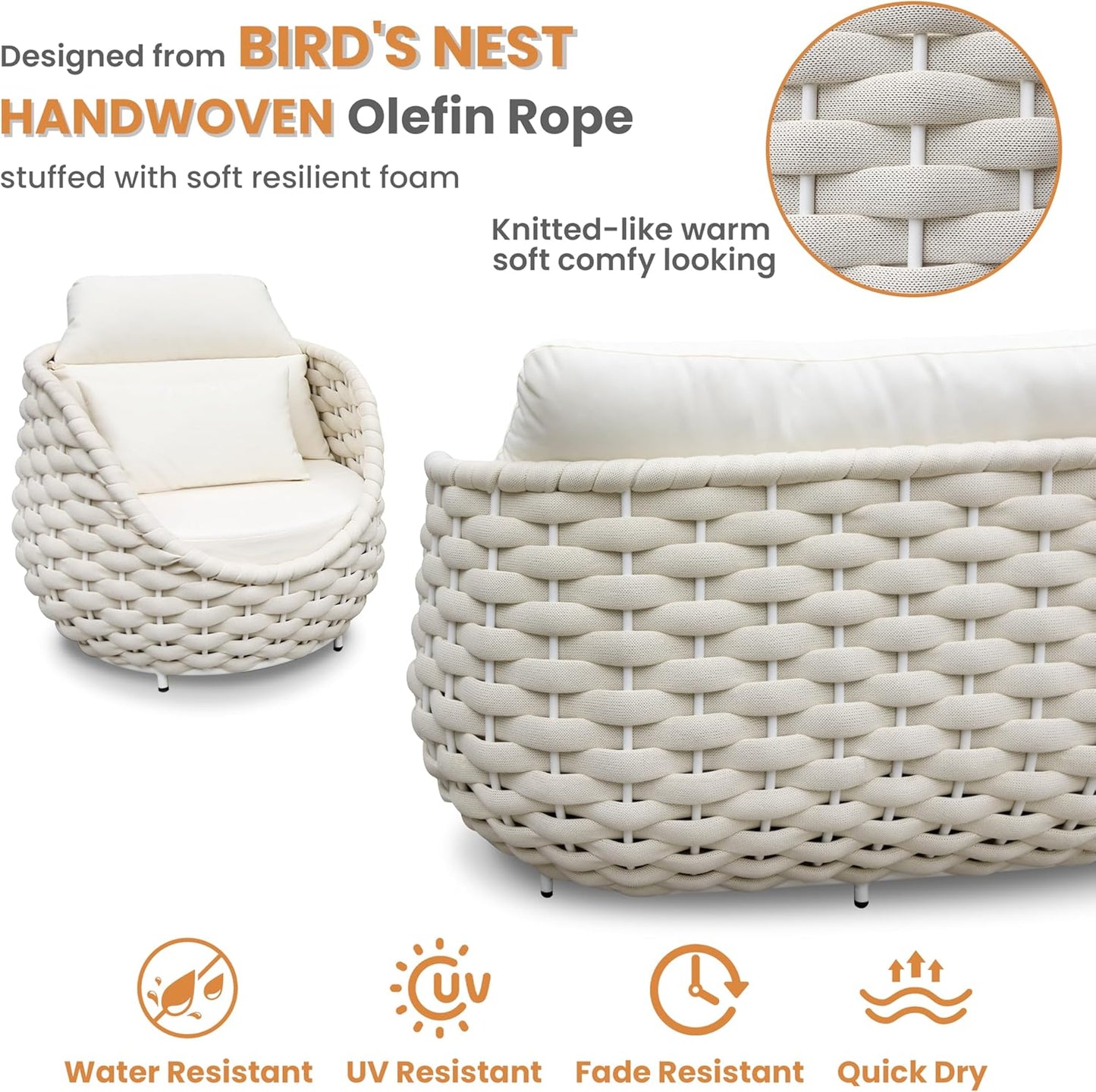 Metal Backyard Furniture Set: Aluminum Assembled Front Porch 4 Pieces Outdoor Set - Woven Rope Patio Conversation Set Modern - Cushioned Deck Couch Set Garden Sunroom Pool Hotel Resort, Beige