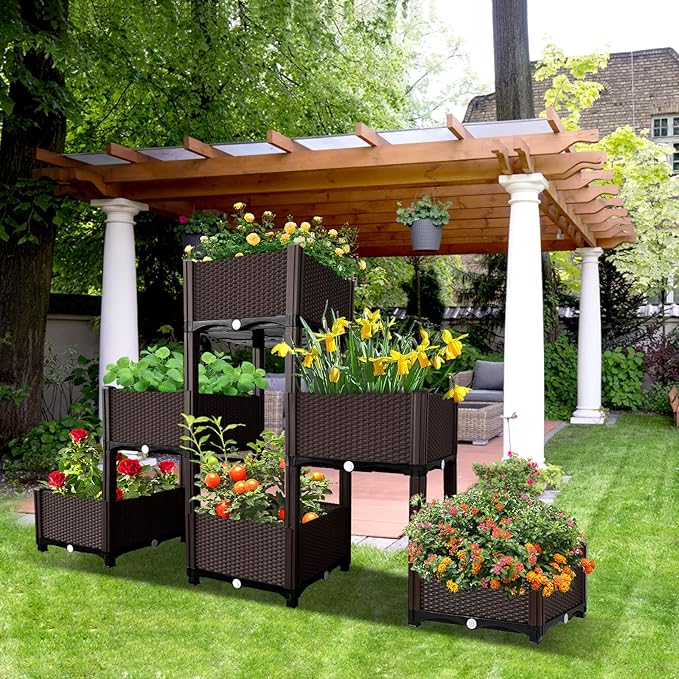 MAYOLIAH Raised Garden Bed with Drainage Elevated Planter Box Plastic Raised Beds for Gardening Vegetables Herb Flowers, Perfect for Indoor Outdoor Planting, 6 Boxes Brown