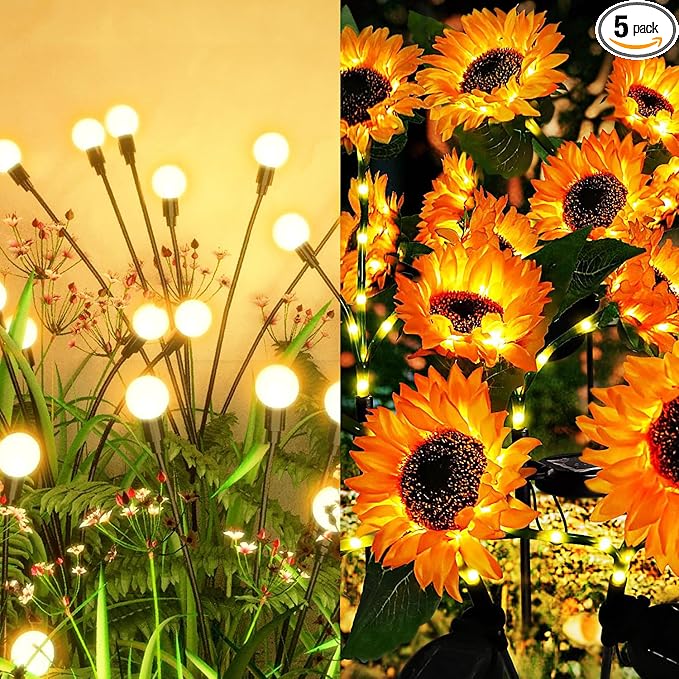 Flumy 2 Pack Solar Firefly Lights + 3 Pack Sunflowers Lights for Yard, Patio, Pathway, Lawn, Walkway, Camping, Pool