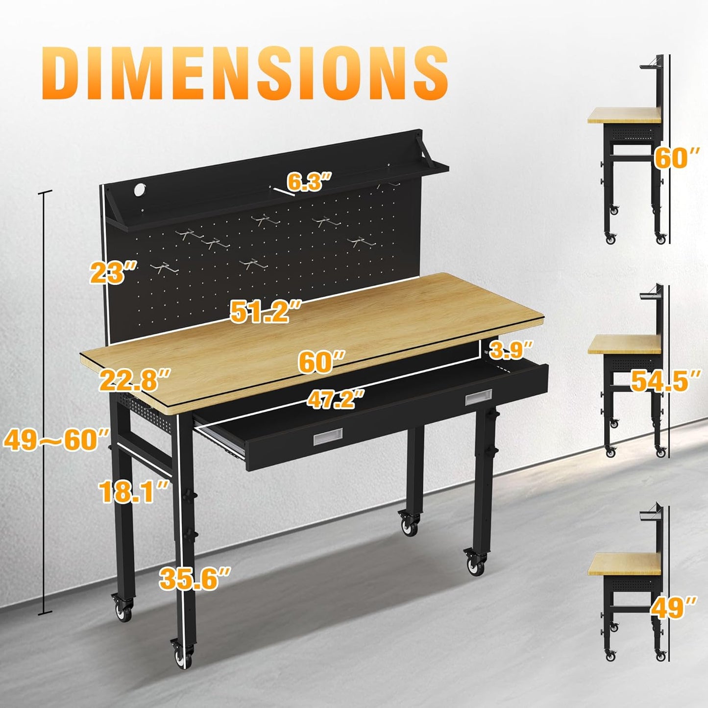 60" Heavy Duty Work Bench with Drawers, Adjustable Height 2000 Lbs Garage Workbench with Pegboard Pad & Power Outlets & Wheels, Mobile Tool Work Table for Workshop Woodworking Home Office