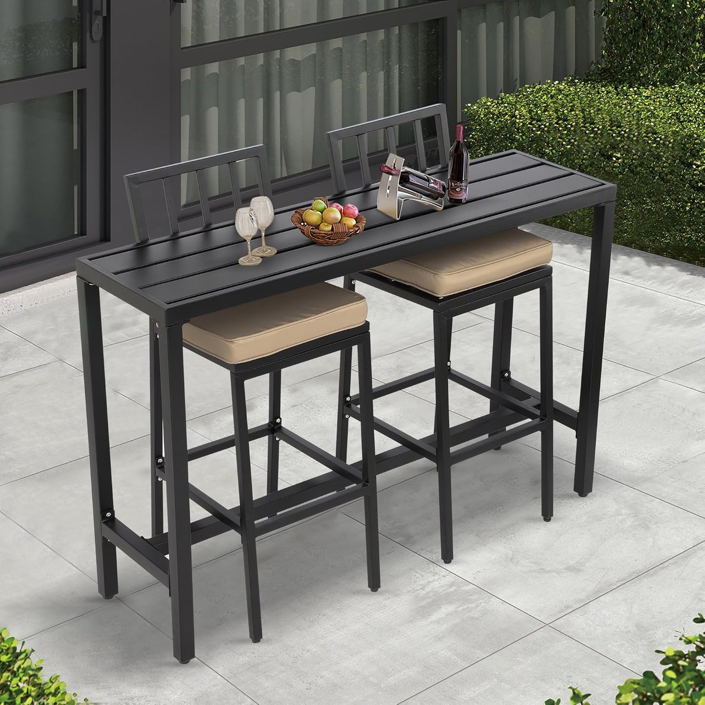 3-Piece Outdoor Patio Bar Set, Bar Height Patio Dining Set, Weather-Resistant Bistro Counter Pub Set with Cushions & Slatted Tabletop for Backyard, Garden, Yard