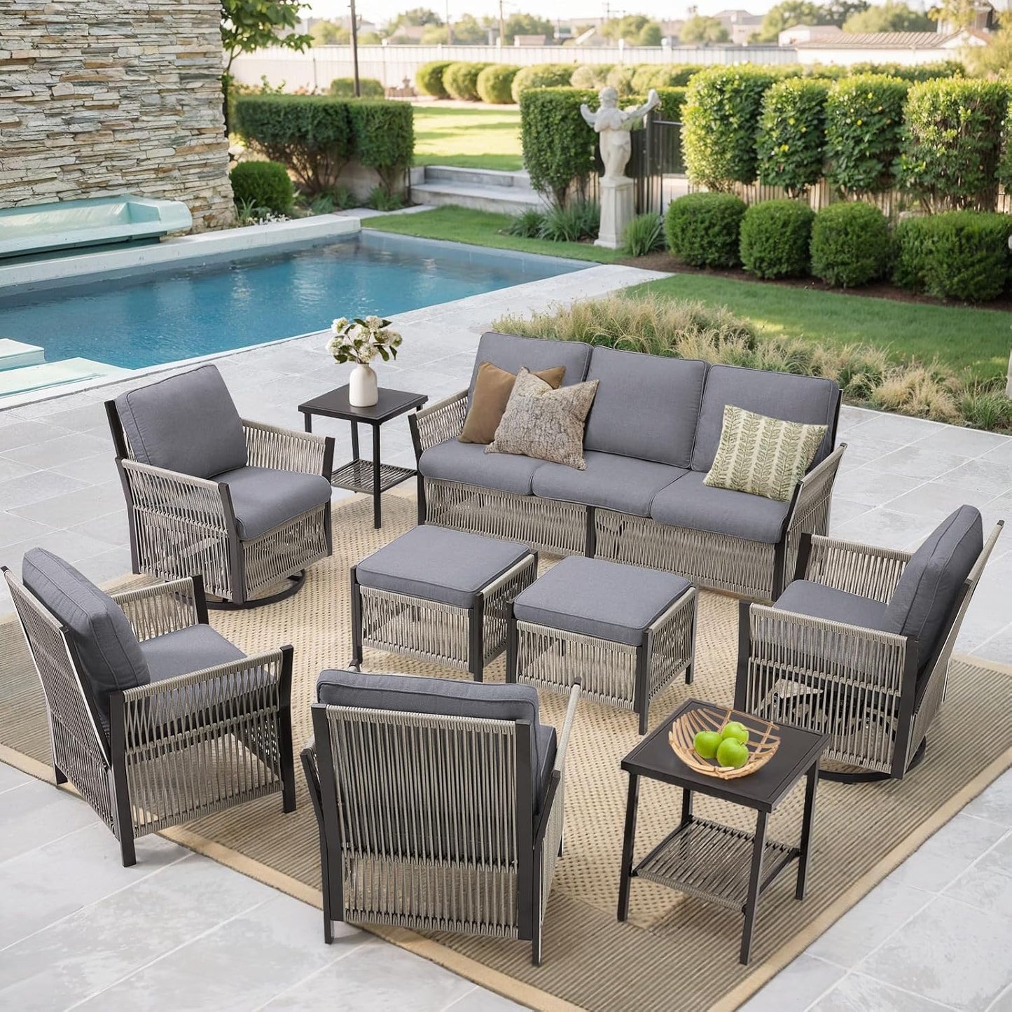 Patio Furniture Wicker Outdoor Conversation Set, 9-Piece All Weather Patio Furniture Rattan Swivel Rocking Chairs w/Ottomans, Side Table for Backyard, Balcony, Deck, Dark Grey