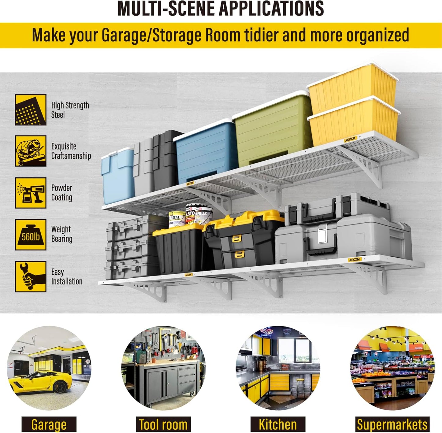 4-pack 1.64x4ft Adjustable Garage Wall Shelving 1120lbs Load Capacity Heavy Duty Wall Mounted Storage Shelf Metal Floating Shelves for Garage(White)