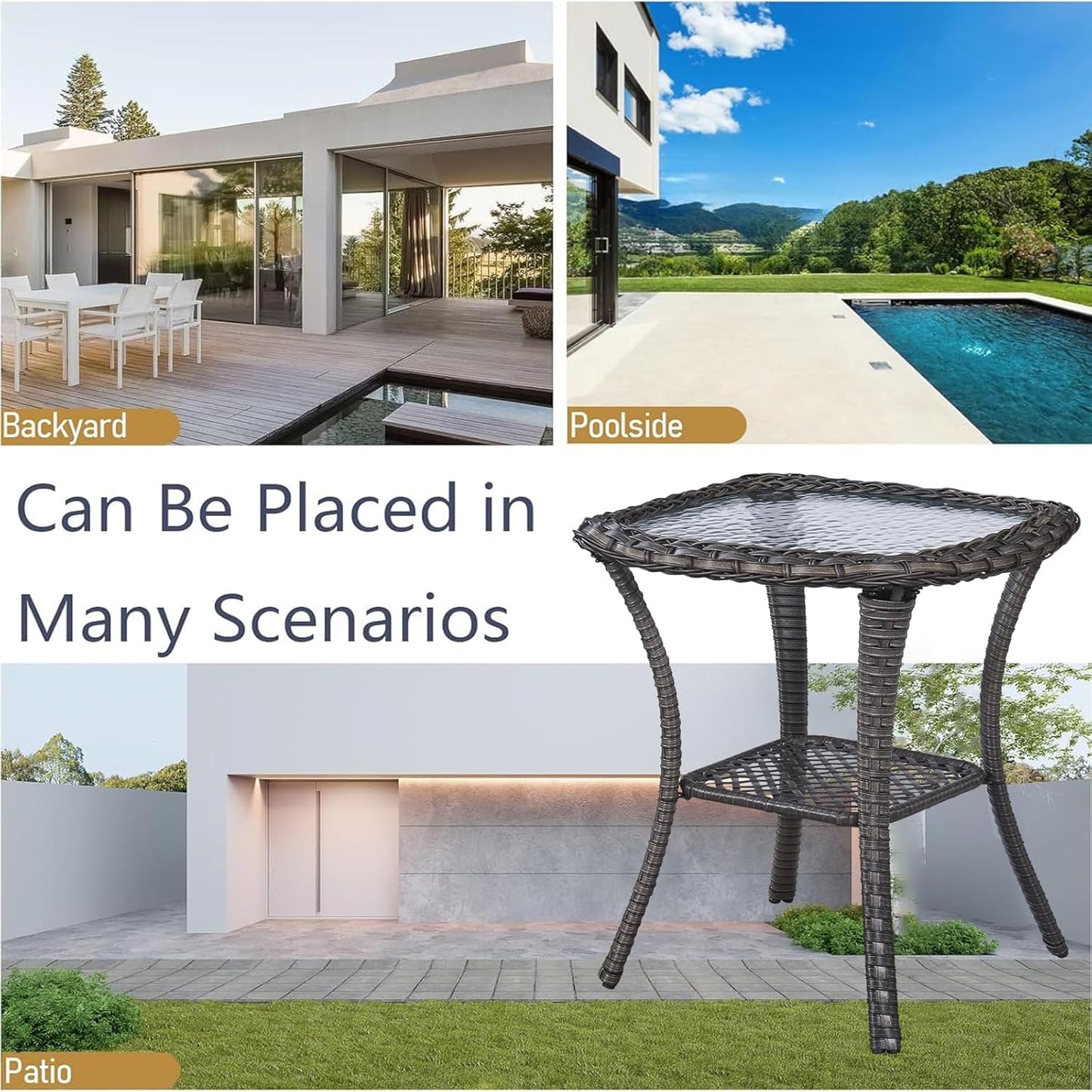 Outdoor Side Tables for Patio, Wicker/Rattan End Tables, Outdoor Wicker Side Table, Grey Rattan Glass Top Patio Side Table