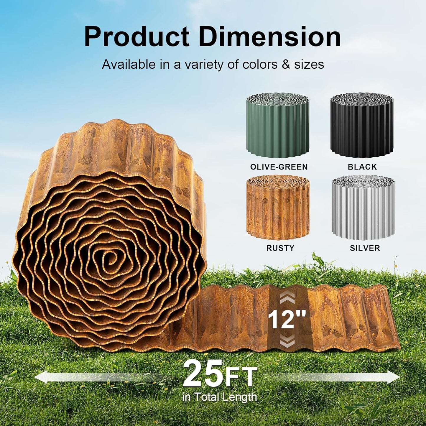Land Guard Corrugated Garden Edging Border,12" x 25' Landscape Paver Edging, Tall Landscape Edging, Fence for Garden, Flower Bed, Lawn and Landscape Edging (Rusty)