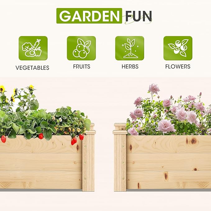 Crownland Outdoor Gardens 8 ft Raised Garden Bed Wooden Patio Raised Beds Backyard Elevated Planter Box Grow Vegetables Fruits Herb Yard Fast Easy Assembly