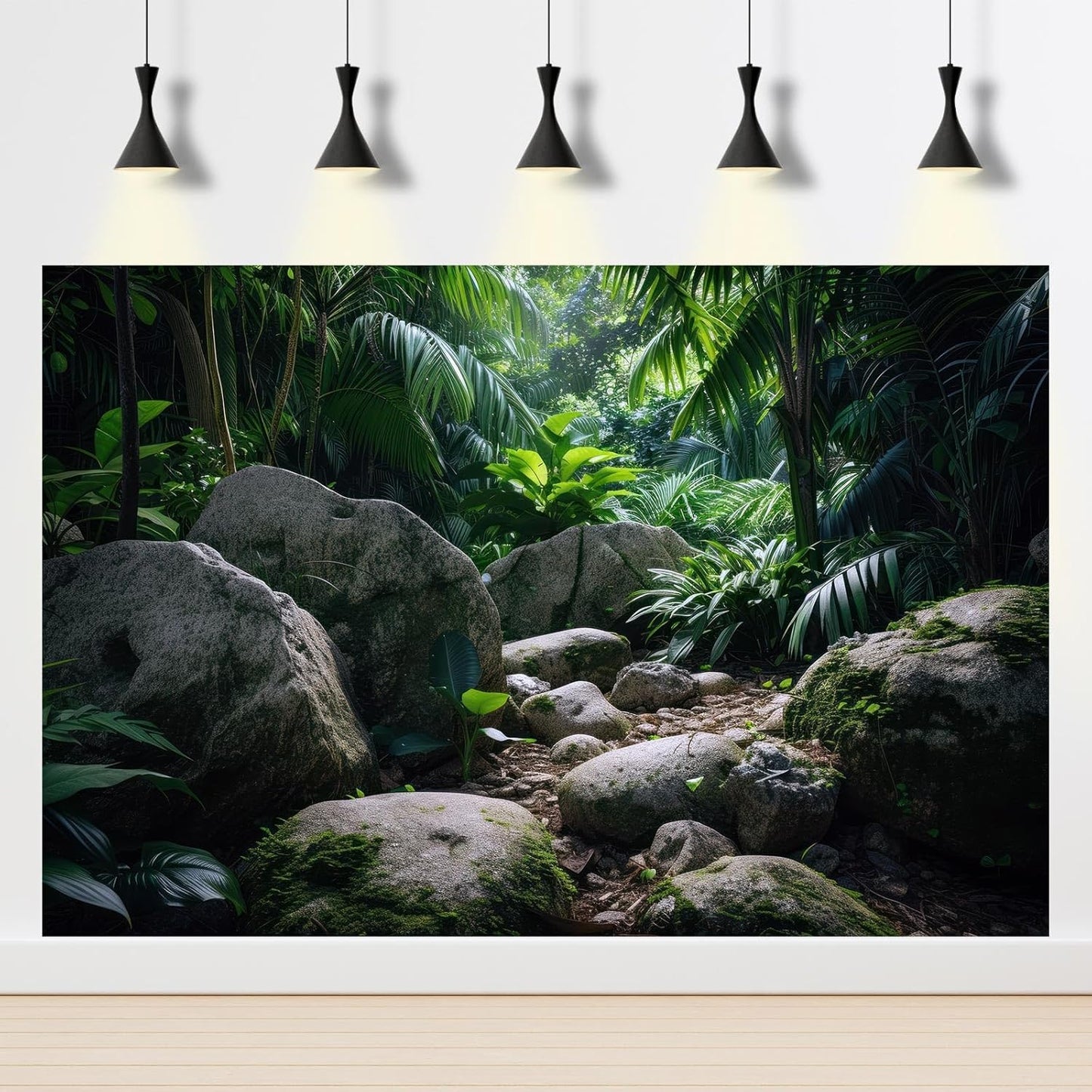 Reptile Habitat Backdrop Lush Tropical Plants and Rocks Terrarium Backdrop Dense Vegetation with Large Broad Leaves and Ferns Fish Tank Background Aquarium Wallpaper Poster Decor Vinyl 48x18in