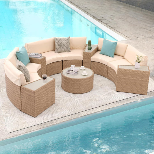SUNSITT Outdoor Patio Furniture 11-Piece Half-Moon Sectional Round Patio Furniture Set Curved Outdoor Sofa with Tempered Glass Round Coffee Table, 4 Pillows, Natural Color Rattan