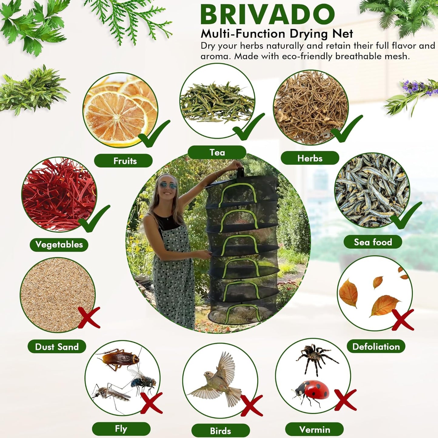 Herb Drying Rack Hanging Mesh 8 Layer 24" with Zipper, Garden Pruning Shear, Hook & Carabiner Clip for Drying Herbs, Plants, Seeds, Buds | Hydroponics & Grow Tents Herb Dryer Hanging Rack