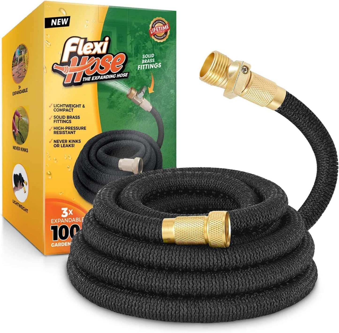 Flexi Hose Lightweight Expandable Garden Hose, No-Kink Flexibility, 3/4 Inch Solid Brass Fittings and Double Latex Core (100 FT, Black)
