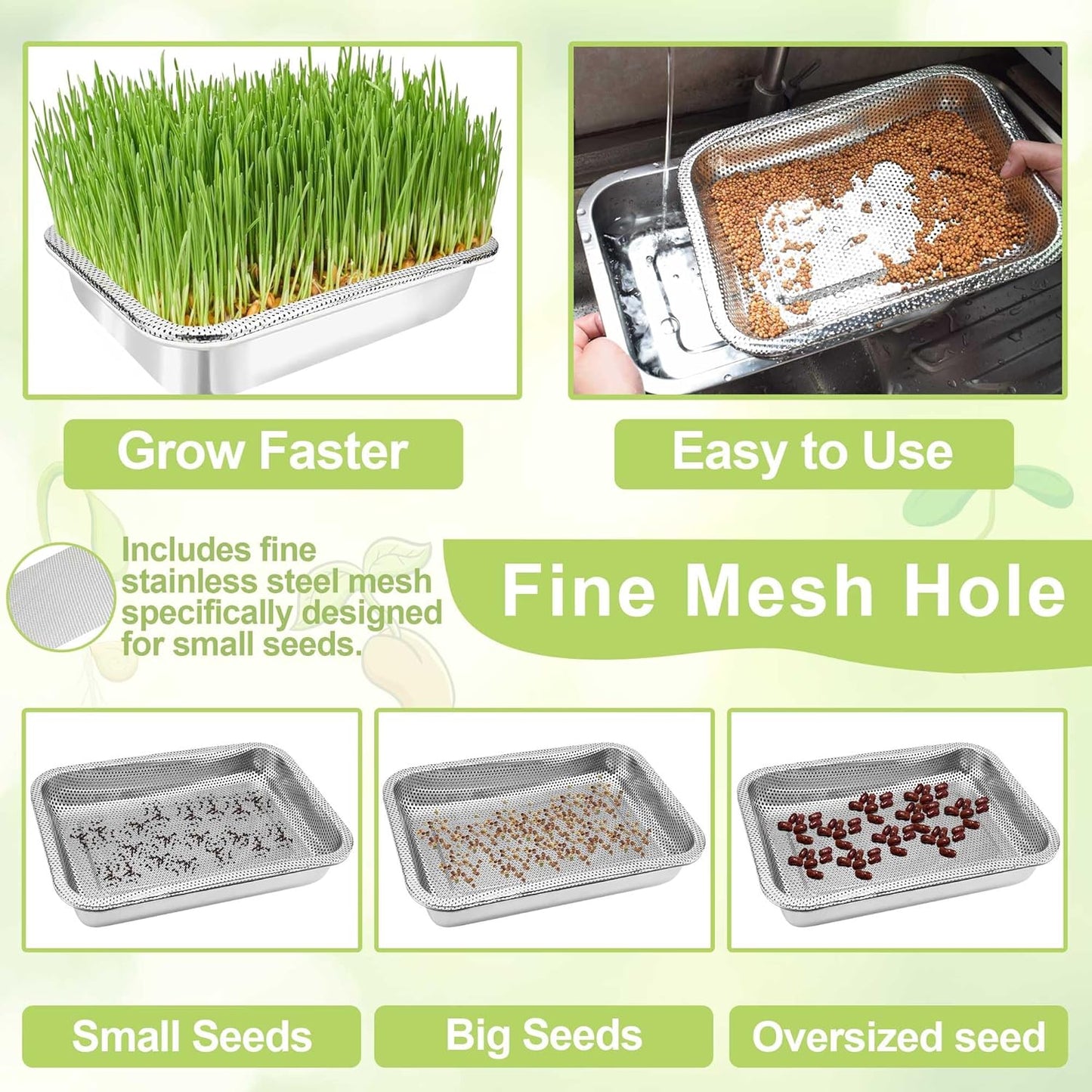 Stainless Steel Sprouts Growing Kit 3-Tier 12.4 inch Trays, Microgreens Growing Kit, Seed Sprouting Tray with Encrypted Mesh Sprouts for Beans Alfalfa Broccoli Wheat Grass