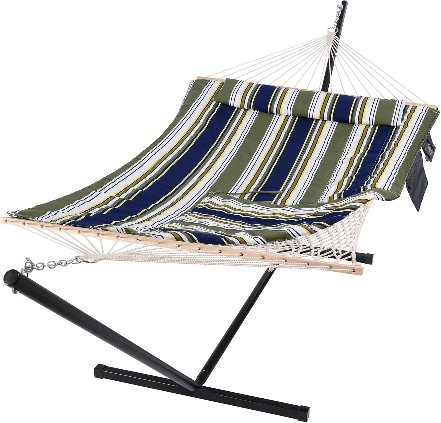 SUNCREAT Hammocks Double Outdoor Hammock with Stand, Cotton Rope Two Person Hammock with Polyester Pad & Large Pillow, Blue& Gray