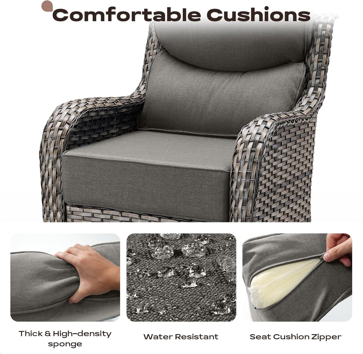 Wicker Outdoor Patio Furniture Set - 4 Piece Patio Conversation Set with Swivel Rocker Chairs and Ottomans, 6 inch Cushions, High Back, Deep Seating, for Porch Deck Garden Mixed Grey/Grey