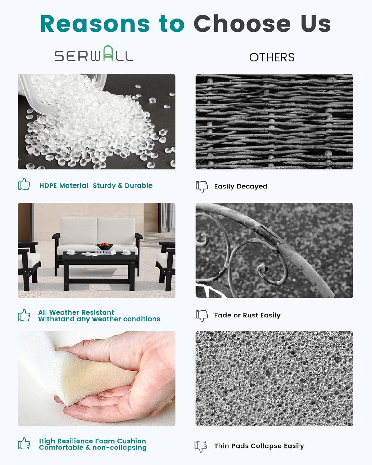 SERWALL HDPE Outdoor Couch Set of 2, All-Weather Wood-Like Outdoor Patio Furniture Set, Black Patio Sofa Chairs with Khaki Cushions