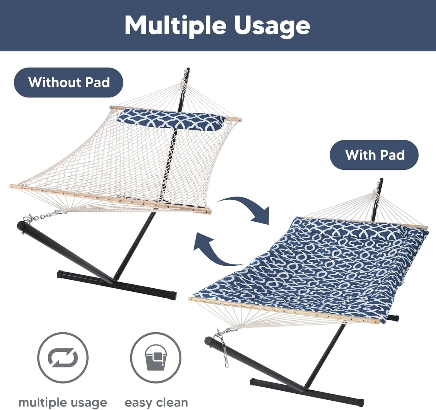 SUNCREAT Double Portable Hammock with Stand Included, 475 lbs Capactiy, Extra Large Two Person Hammock, Blue Pattern